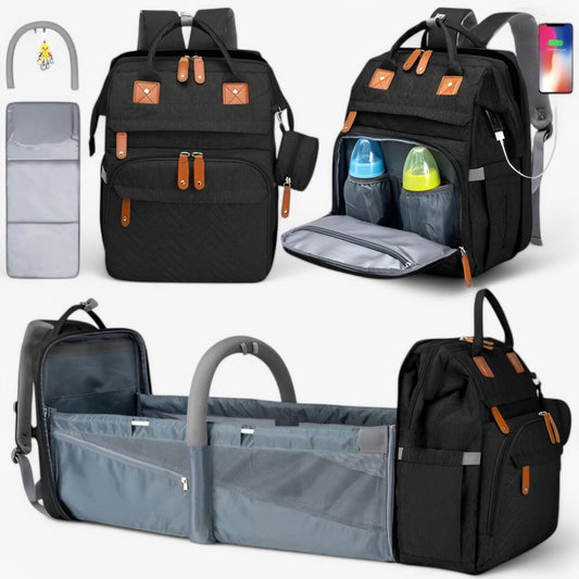Multifunktionaler Wickelrucksack mit integriertem Reisebett – wasserabweisend, isolierte Flaschenhalterung, Wickelauflage & Kinderwagenbefestigung