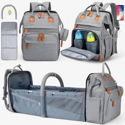 Multifunktionaler Wickelrucksack mit integriertem Reisebett – wasserabweisend, isolierte Flaschenhalterung, Wickelauflage & Kinderwagenbefestigung