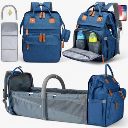 Multifunktionaler Wickelrucksack mit integriertem Reisebett – wasserabweisend, isolierte Flaschenhalterung, Wickelauflage & Kinderwagenbefestigung