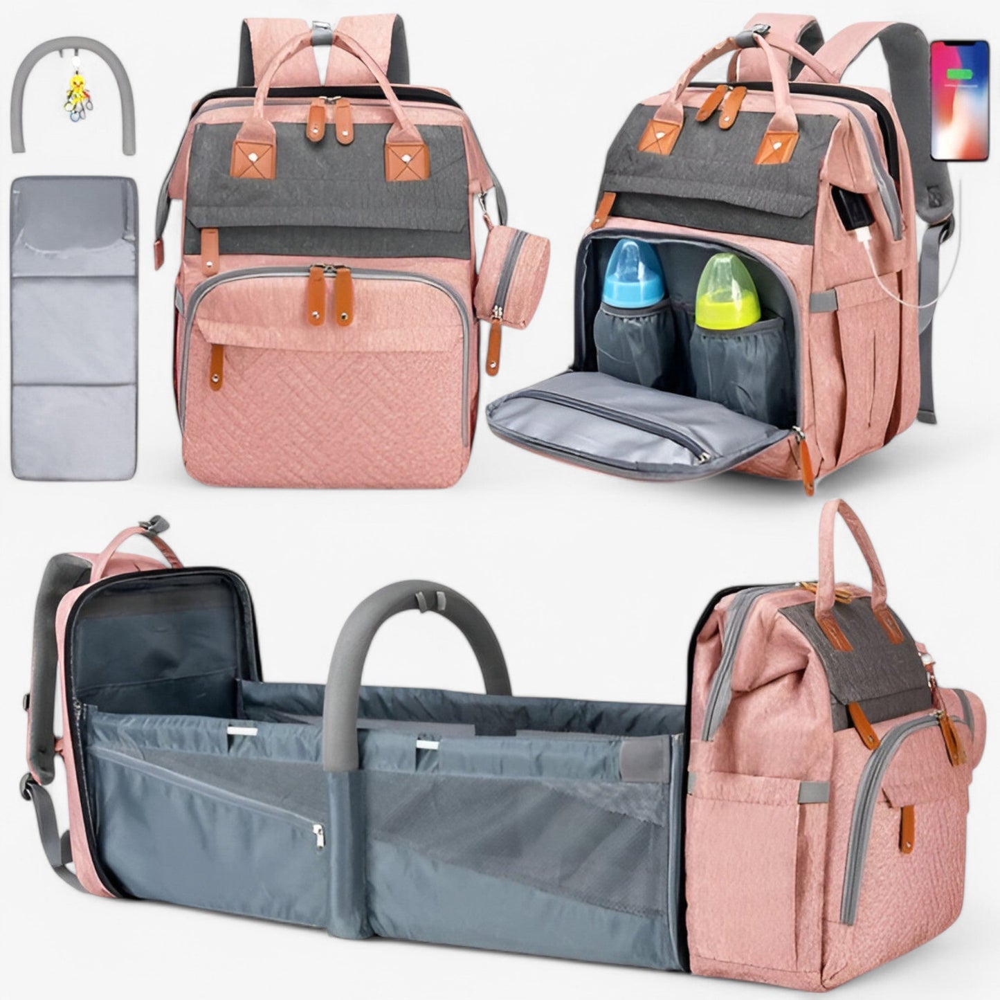 Multifunktionaler Wickelrucksack mit integriertem Reisebett – wasserabweisend, isolierte Flaschenhalterung, Wickelauflage & Kinderwagenbefestigung