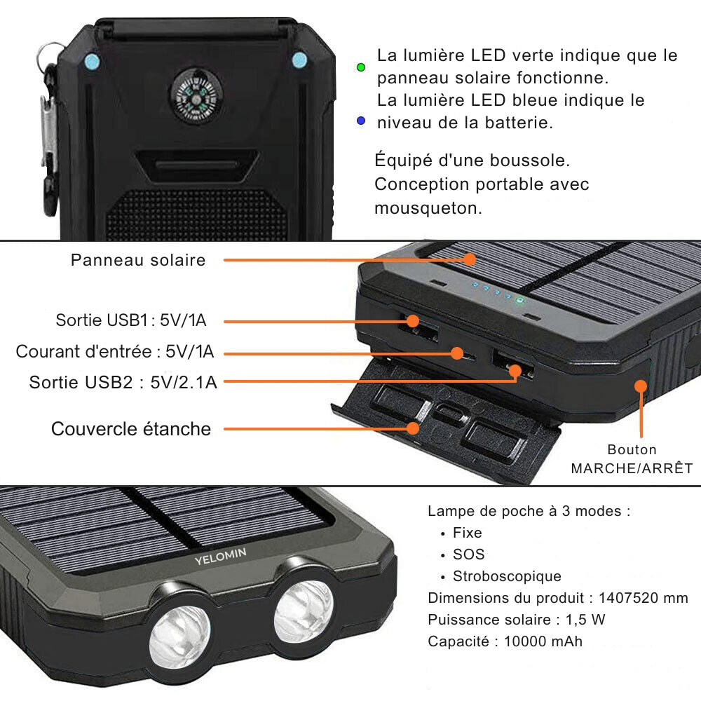 Solar Powerbank 20.000mAh – Tragbares Ladegerät mit Solarpanel, LED-Taschenlampe & wasserdichtem Design für Outdoor-Abenteuer