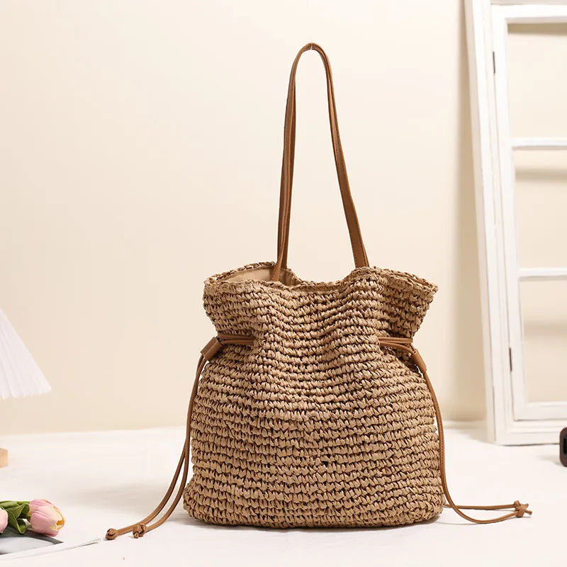 Strohtasche für Damen – Große Strandtasche mit Lederhenkeln & Viel Stauraum