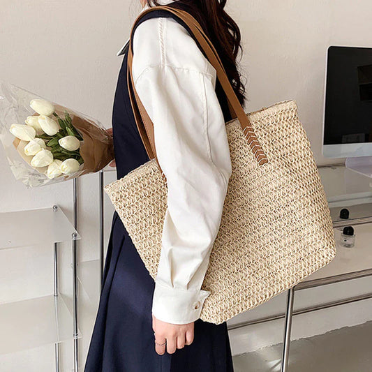 Strohtasche für Damen – Große Strandtasche mit Lederhenkeln & Viel Stauraum