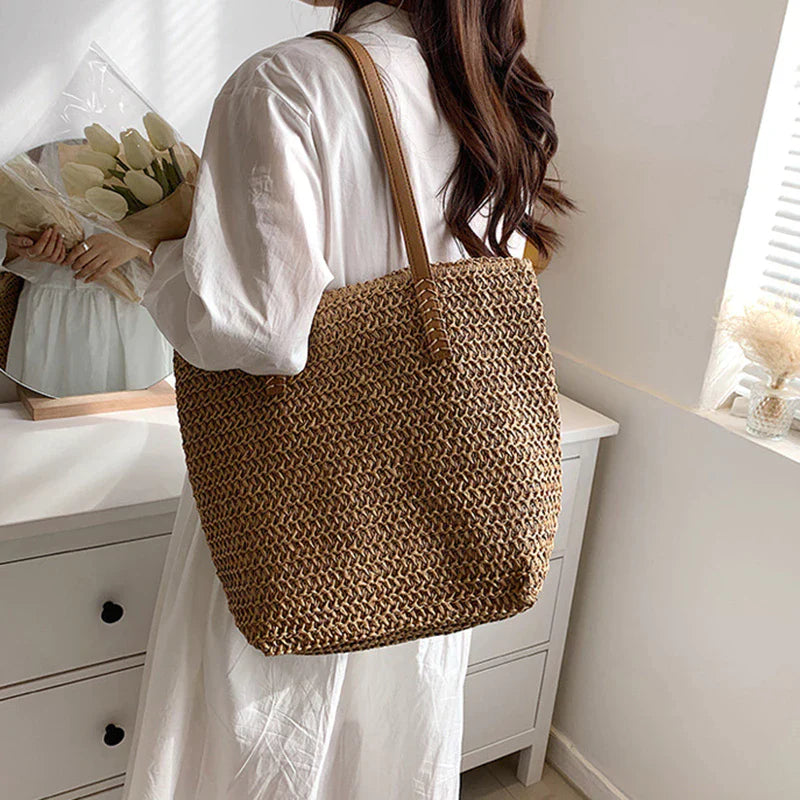 Strohtasche für Damen – Große Strandtasche mit Lederhenkeln & Viel Stauraum