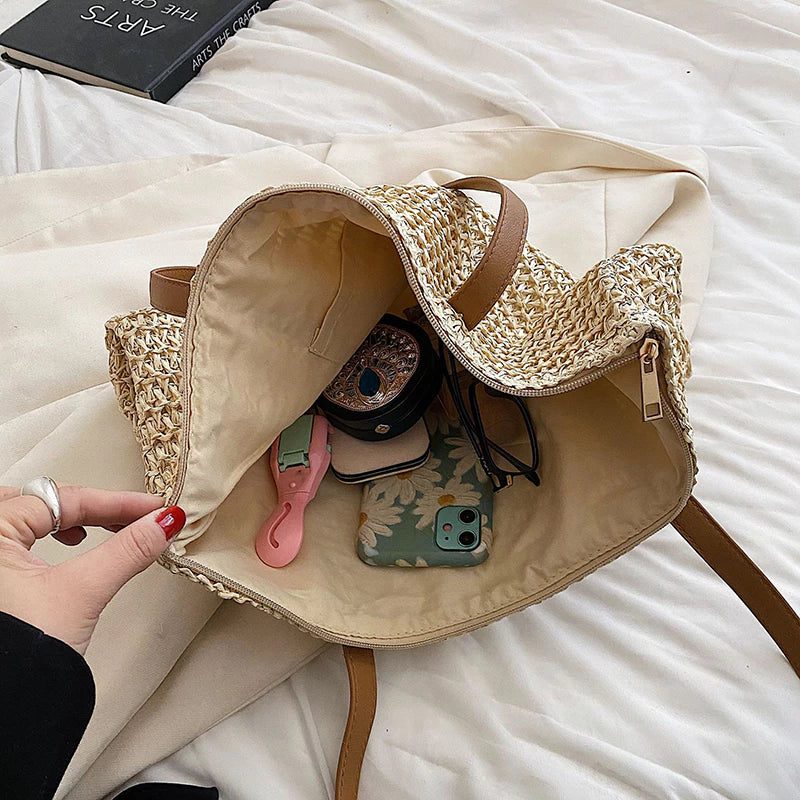 Strohtasche für Damen – Große Strandtasche mit Lederhenkeln & Viel Stauraum
