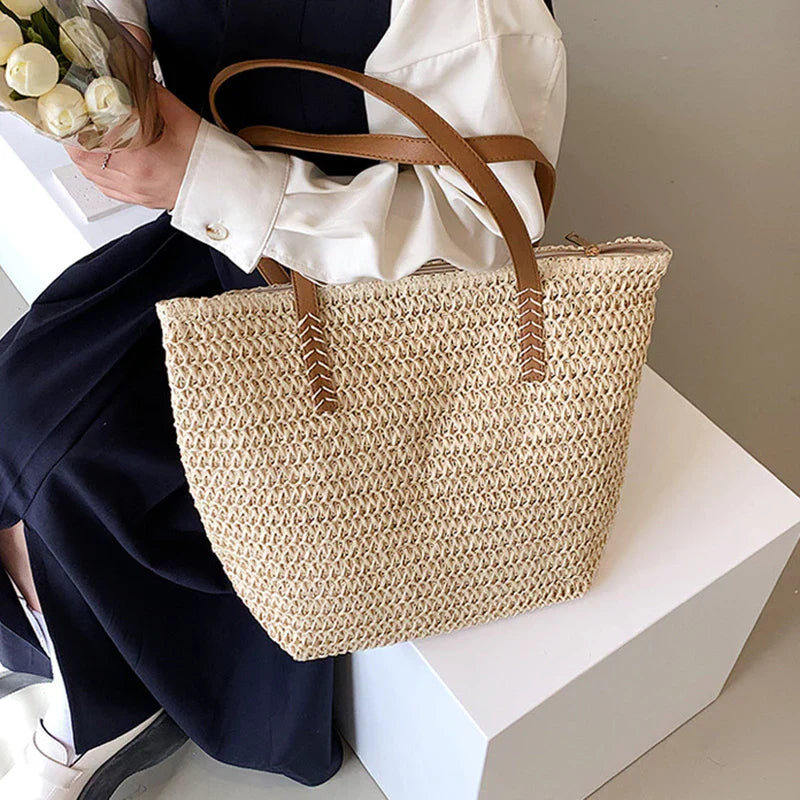 Strohtasche für Damen – Große Strandtasche mit Lederhenkeln & Viel Stauraum