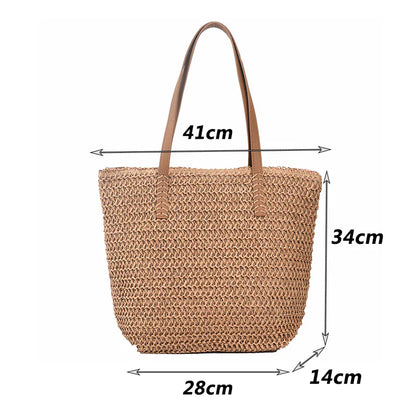 Strohtasche für Damen – Große Strandtasche mit Lederhenkeln & Viel Stauraum