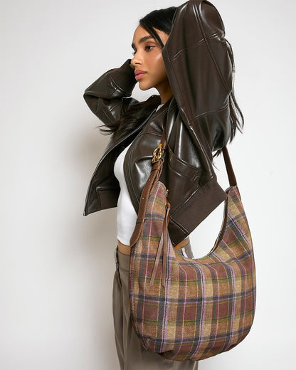 Vintage Schultertasche mit Rautenmuster – Retro Hobo Bag in Braun, Grün und Lila