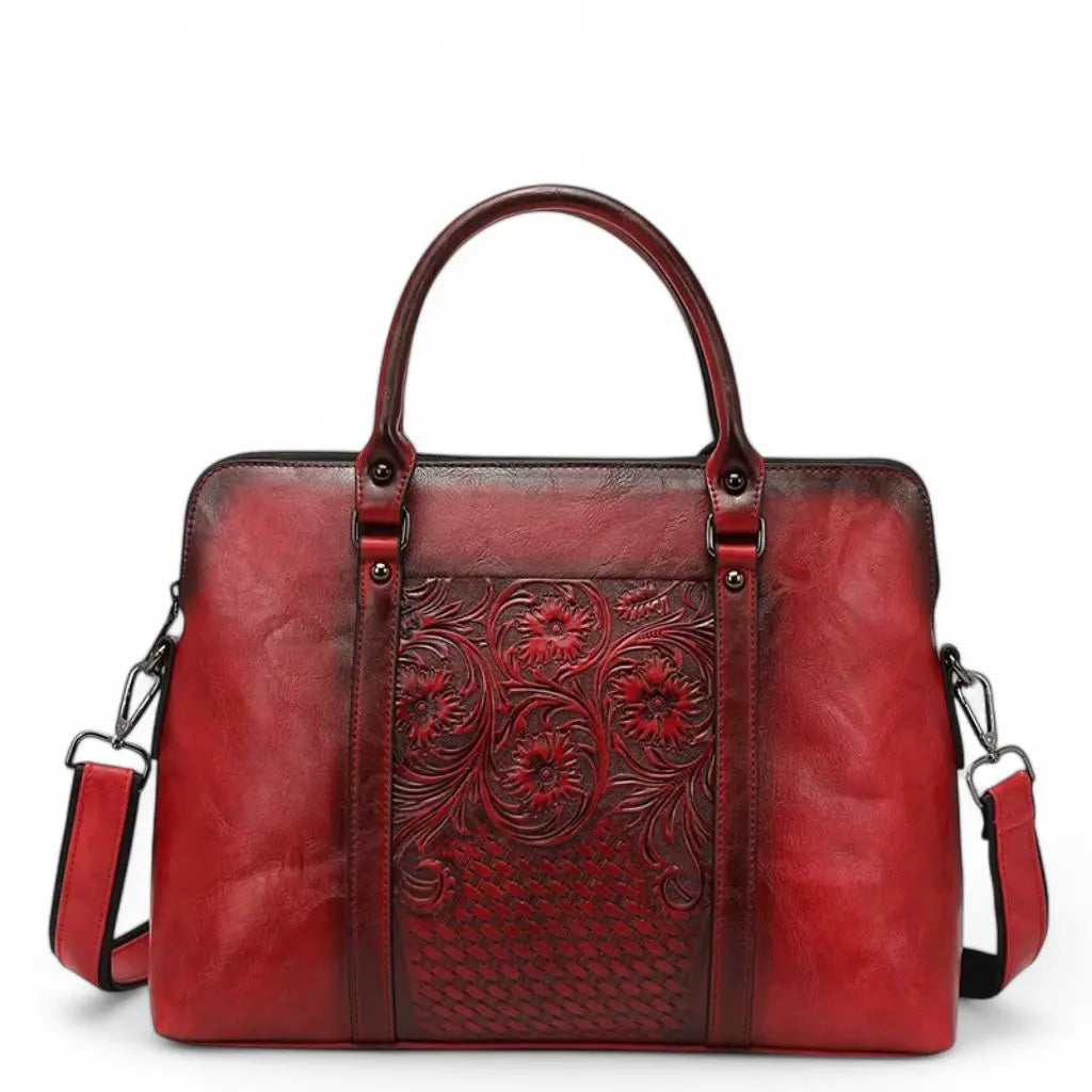 Vintage Laptoptasche Damen 14 Zoll aus echtem Leder – Elegante Aktentasche mit Blumenprägung für Arbeit und Studium