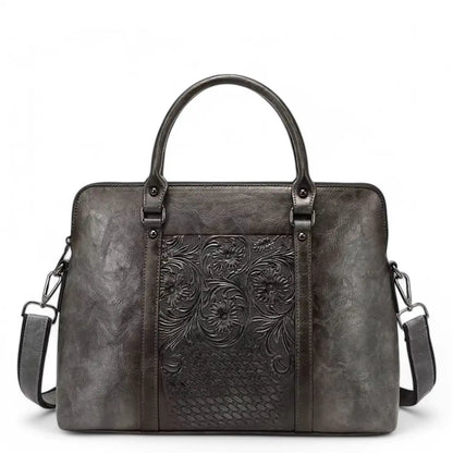 Vintage Laptoptasche Damen 14 Zoll aus echtem Leder – Elegante Aktentasche mit Blumenprägung für Arbeit und Studium