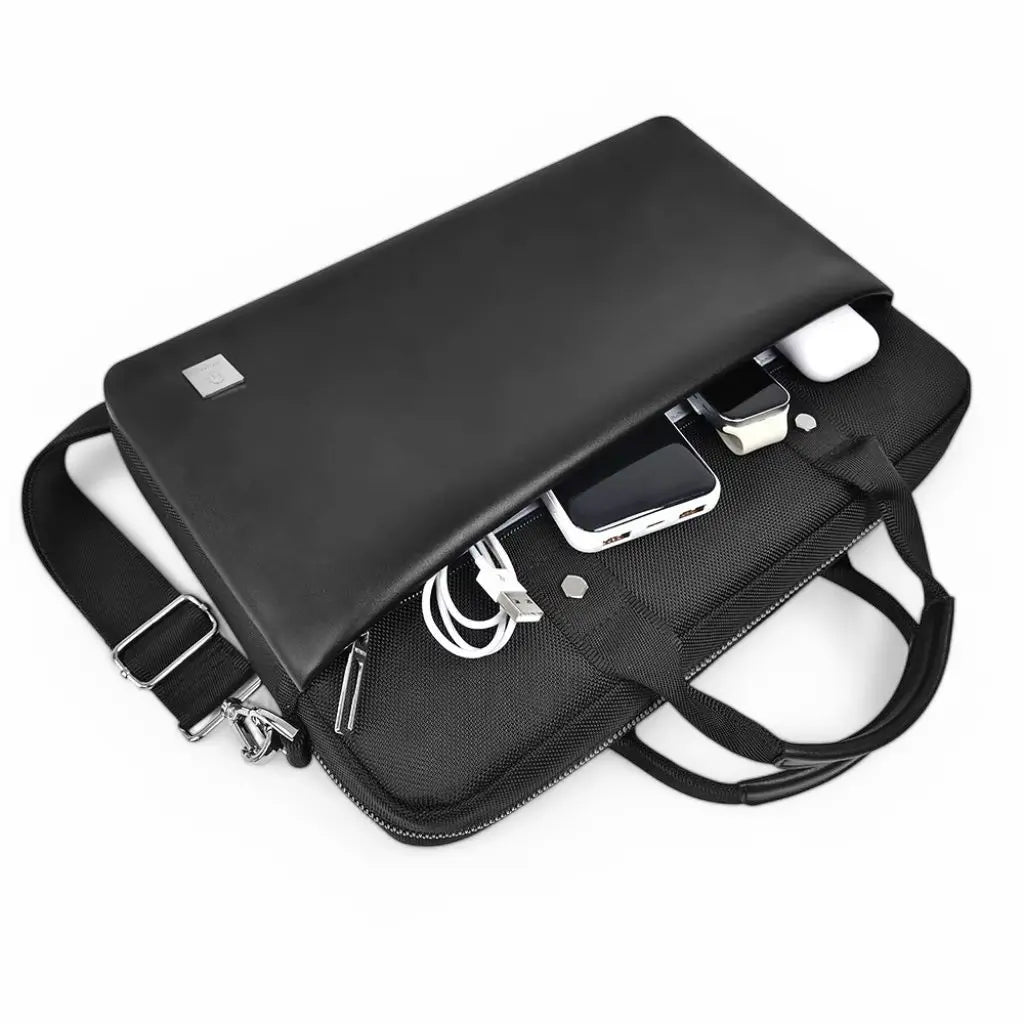 Elegante schwarze Laptoptasche aus hochwertigem Leder für Damen – passend für 13-14 Zoll Laptops, wasserabweisend, mit praktischer Innenaufteilung und abnehmbarem Schultergurt