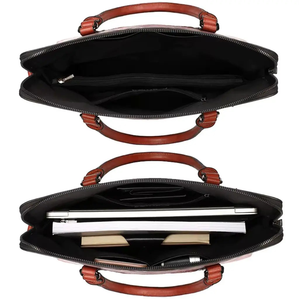 Vintage Laptoptasche Damen 14 Zoll aus echtem Leder – Elegante Aktentasche mit Blumenprägung für Arbeit und Studium