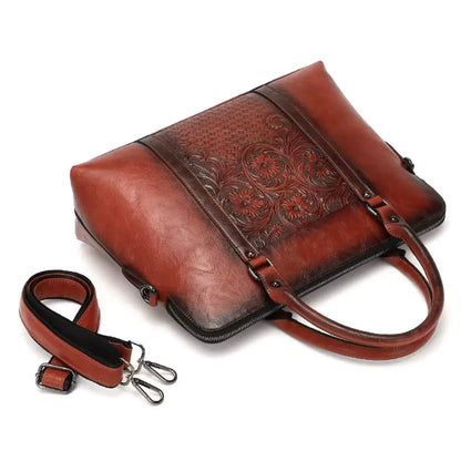 Vintage Laptoptasche Damen 14 Zoll aus echtem Leder – Elegante Aktentasche mit Blumenprägung für Arbeit und Studium