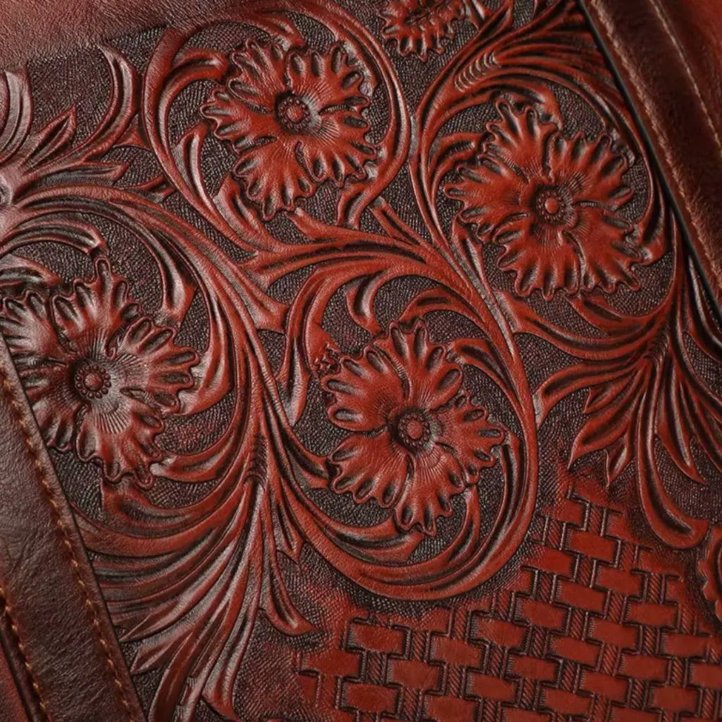 Vintage Laptoptasche Damen 14 Zoll aus echtem Leder – Elegante Aktentasche mit Blumenprägung für Arbeit und Studium
