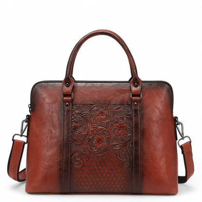Vintage Laptoptasche Damen 14 Zoll aus echtem Leder – Elegante Aktentasche mit Blumenprägung für Arbeit und Studium