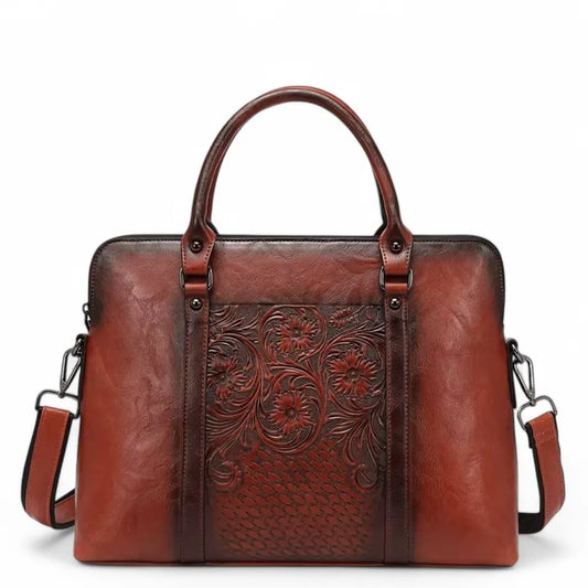 Vintage Laptoptasche Damen 14 Zoll aus echtem Leder – Elegante Aktentasche mit Blumenprägung für Arbeit und Studium
