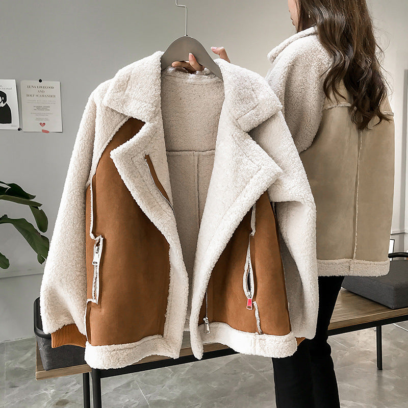 Damen Teddy Jacke mit Reverskragen – Warme Felljacke im Biker Stil