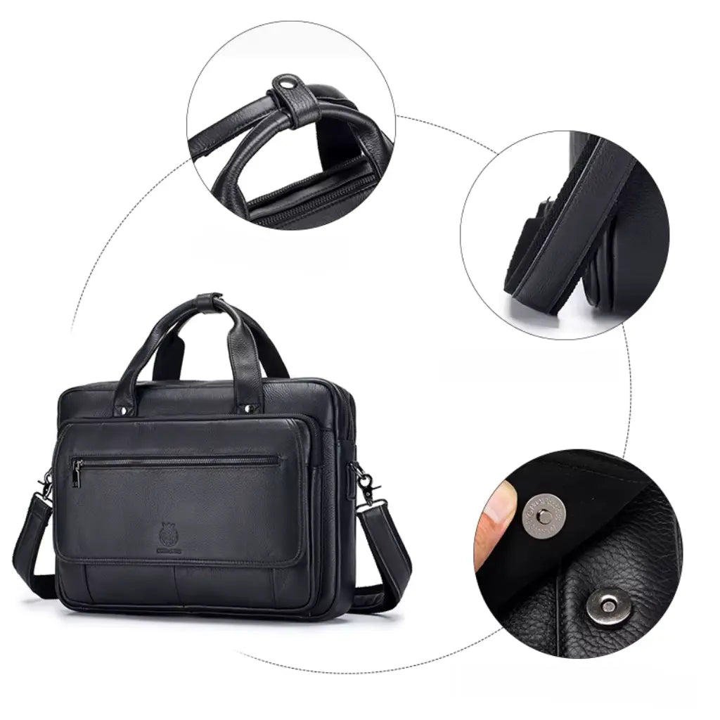 Elegante schwarze Laptoptasche aus hochwertigem Leder – Stilvoll & Geräumig für Arbeit, Studium & Businessreisen